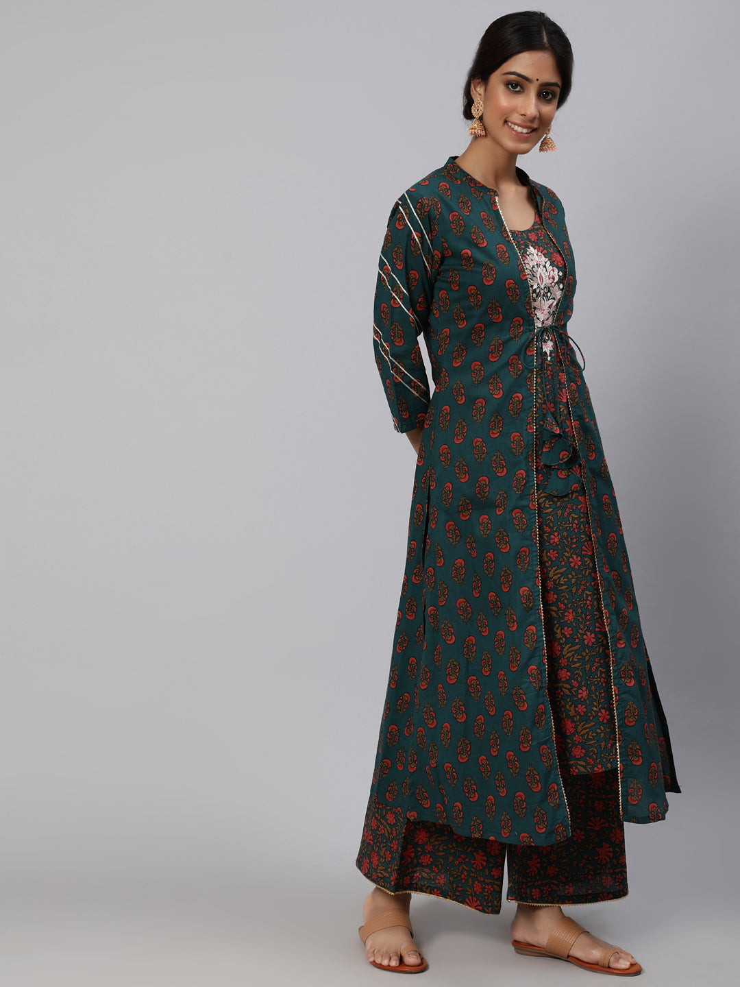Women's Green Embroidered Kurta Palazzo With Jacket