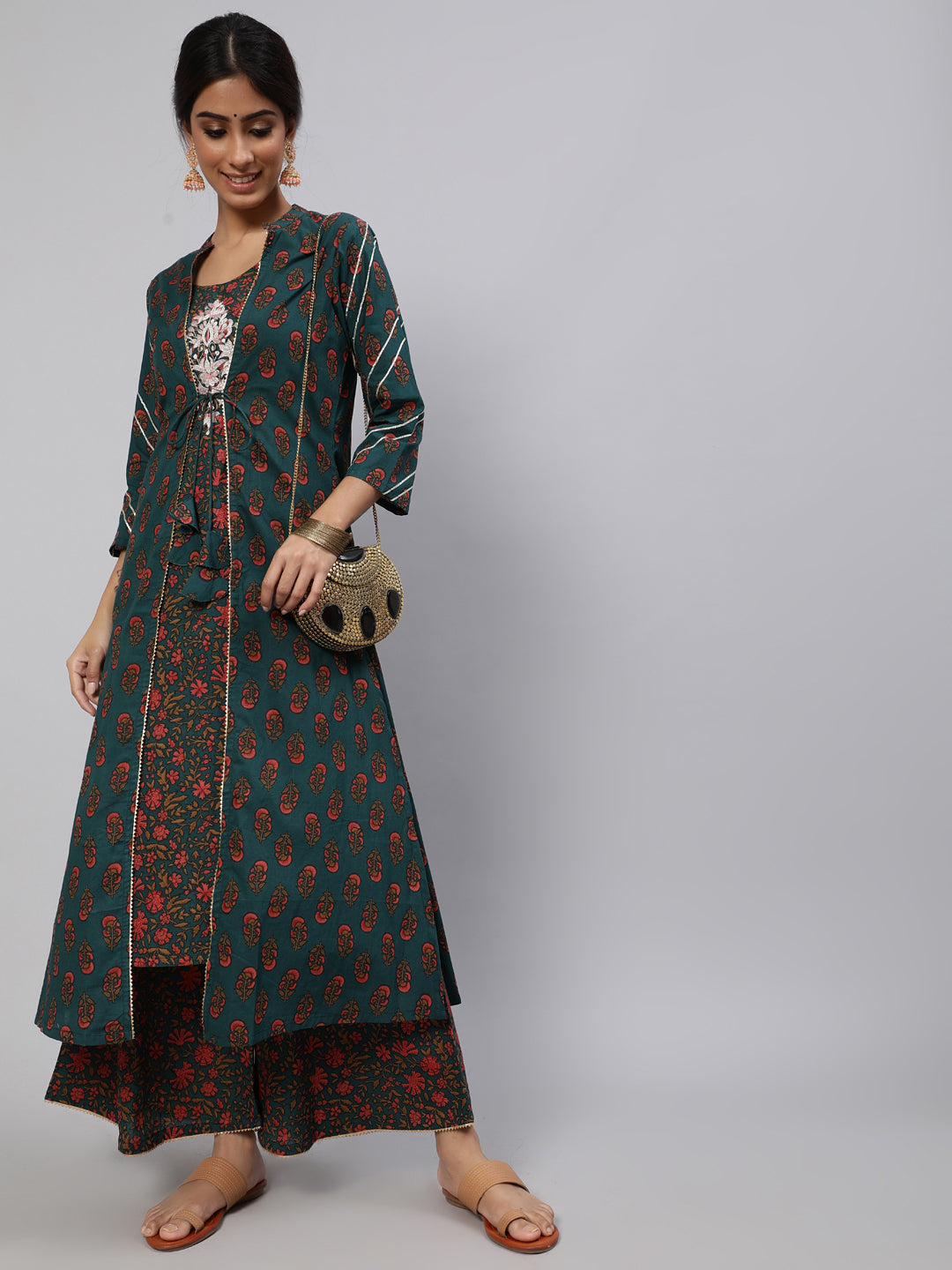 Women's Green Embroidered Kurta Palazzo With Jacket