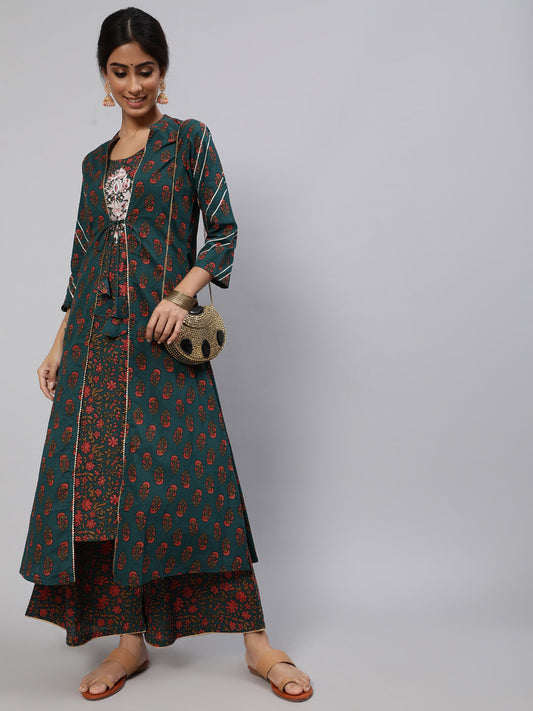 Women's Green Embroidered Kurta Palazzo With Jacket