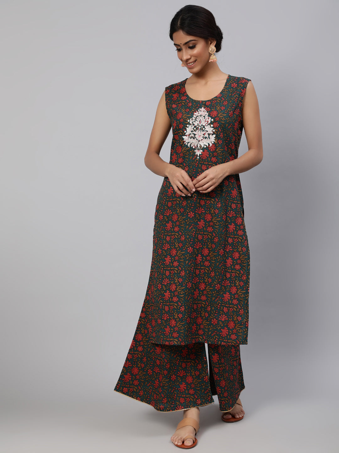 Women's Green Embroidered Kurta Palazzo With Jacket