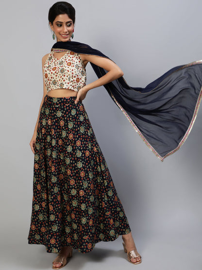 Women's Navy Blue Gold Printed Lehenga Choli With Dupatta