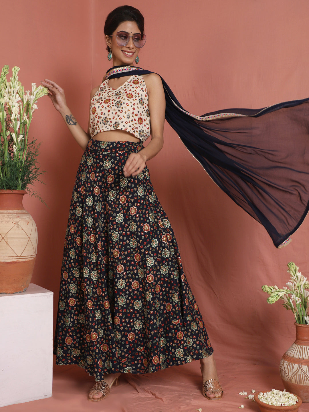 Women's Navy Blue Gold Printed Lehenga Choli With Dupatta