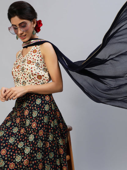 Women's Navy Blue Gold Printed Lehenga Choli With Dupatta