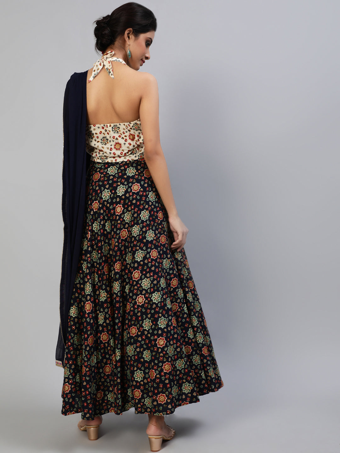 Women's Navy Blue Gold Printed Lehenga Choli With Dupatta