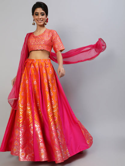 Women's Pink Brocade Lehenga Choli With Dupatta
