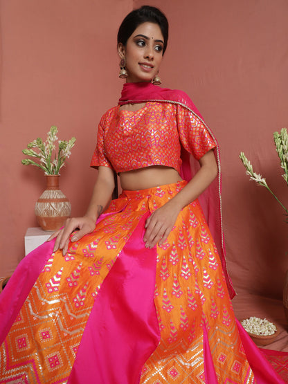 Women's Pink Brocade Lehenga Choli With Dupatta