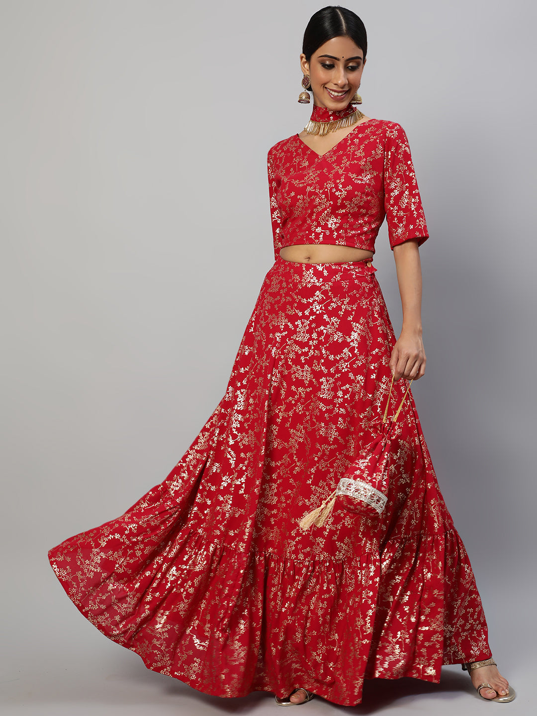 Women's Red Floral Printed Lehenga Choli With Potali Bag & Necklace