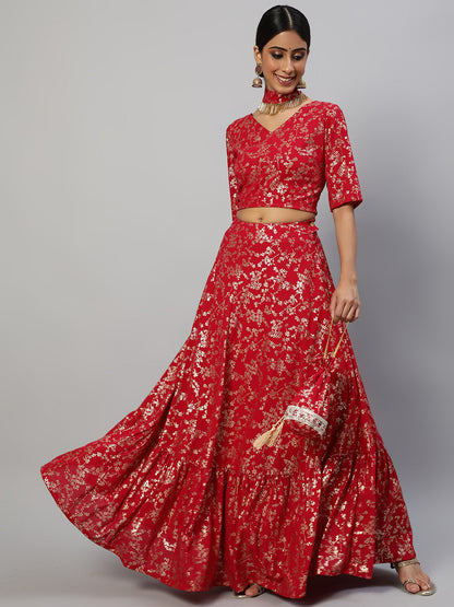 Women's Red Floral Printed Lehenga Choli With Potali Bag & Necklace