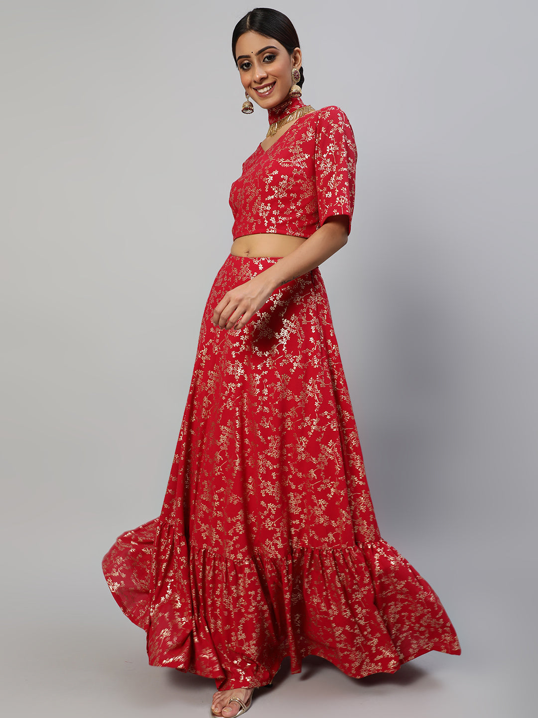 Women's Red Floral Printed Lehenga Choli With Potali Bag & Necklace