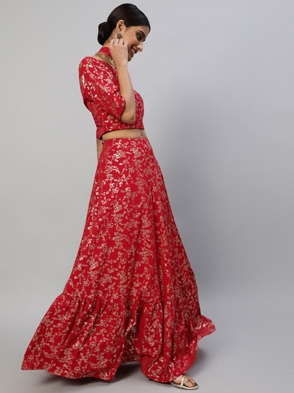 Women's Red Floral Printed Lehenga Choli With Potali Bag & Necklace