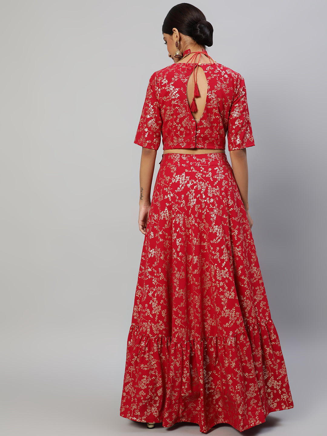 Women's Red Floral Printed Lehenga Choli With Potali Bag & Necklace