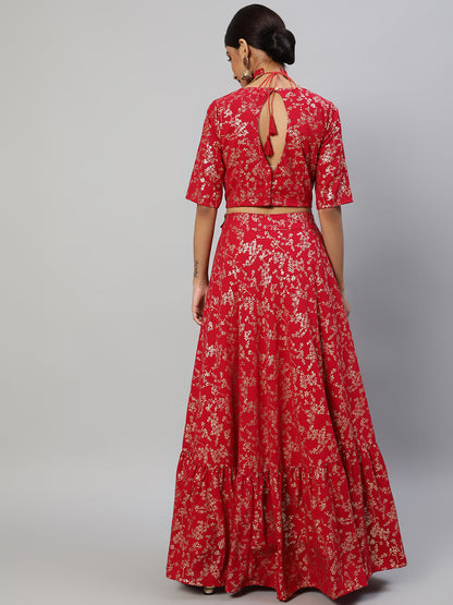 Women's Red Floral Printed Lehenga Choli With Potali Bag & Necklace