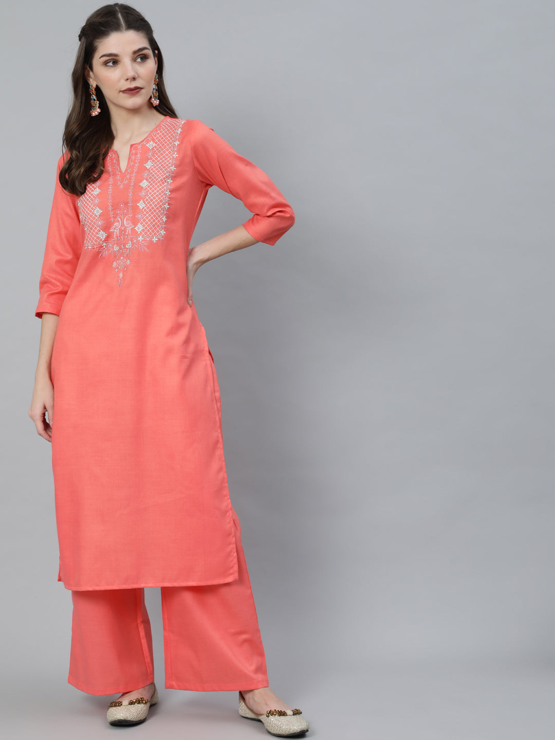 Women's Peach Embroidered Straight Kurta Set