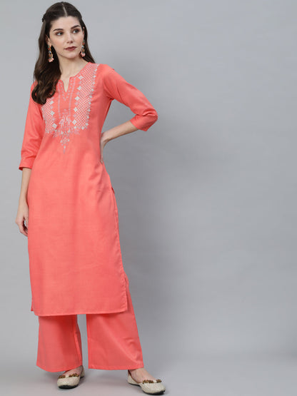 Women's Peach Embroidered Straight Kurta Set