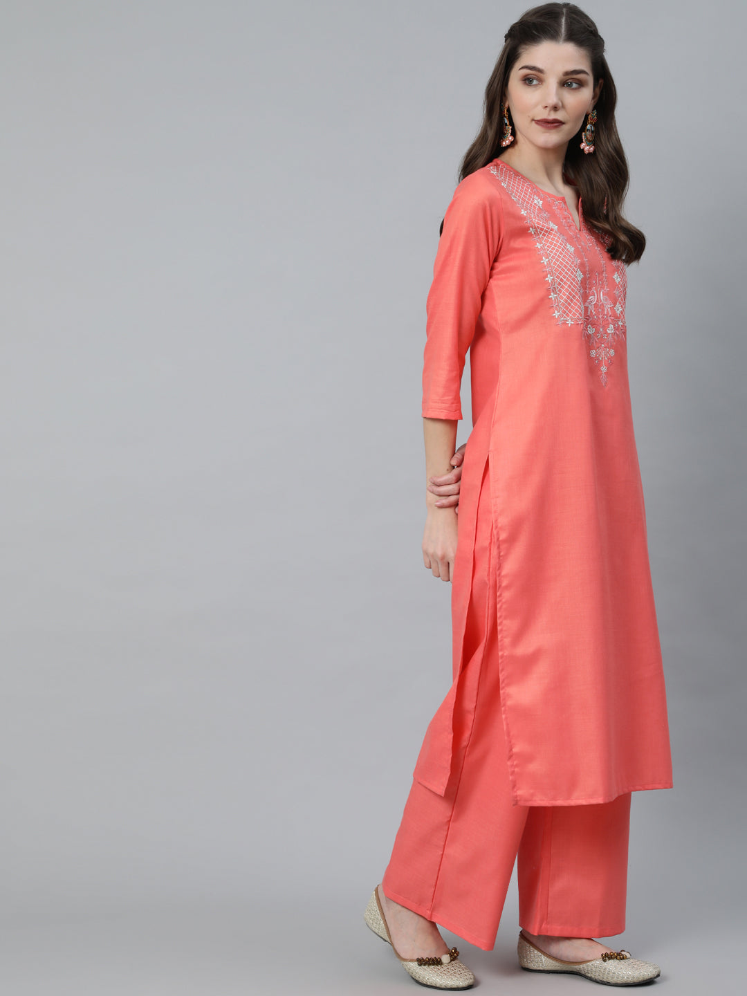 Women's Peach Embroidered Straight Kurta Set
