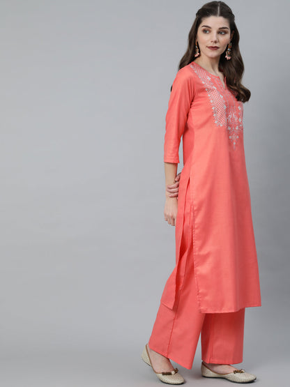 Women's Peach Embroidered Straight Kurta Set