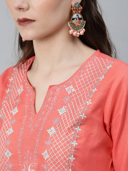 Women's Peach Embroidered Straight Kurta Set