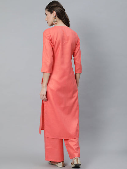 Women's Peach Embroidered Straight Kurta Set