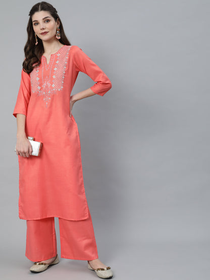 Women's Peach Embroidered Straight Kurta Set