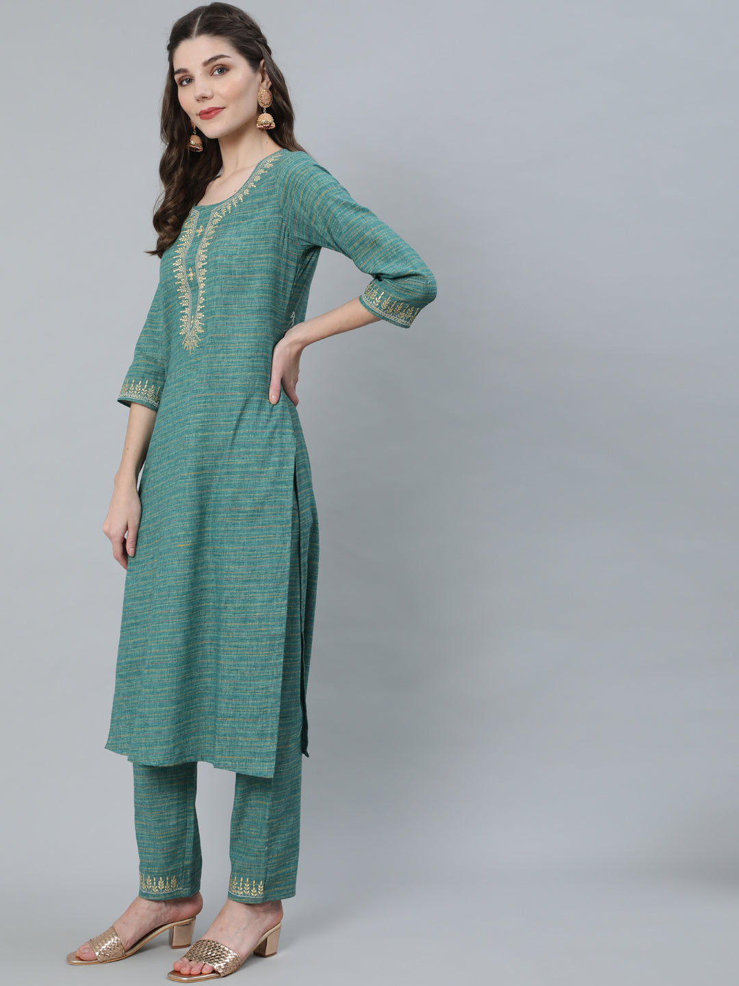 Women's Pastel Blue Striped Embroidered Kurta With Pant