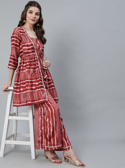 Women's Brown Leheriya Co Ord Set With Jacket