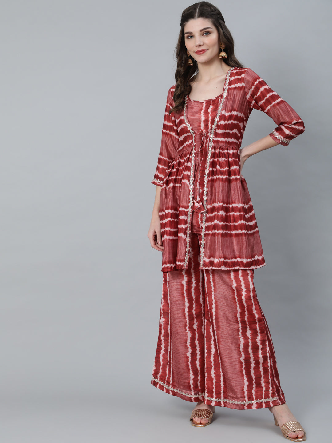 Women's Brown Leheriya Co Ord Set With Jacket
