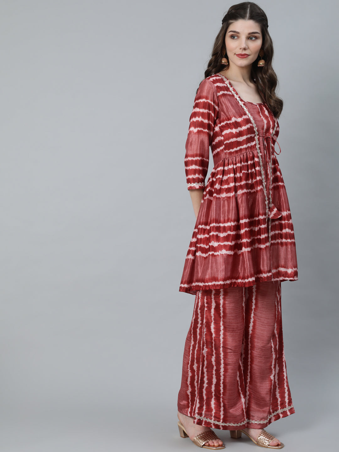 Women's Brown Leheriya Co Ord Set With Jacket