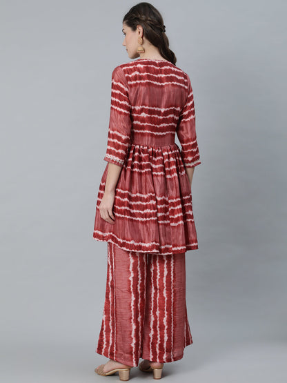 Women's Brown Leheriya Co Ord Set With Jacket