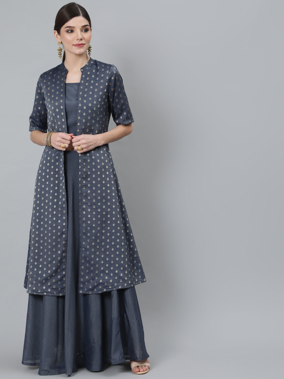 Women's Grey Woven Designed Co Ord Set With Jacket