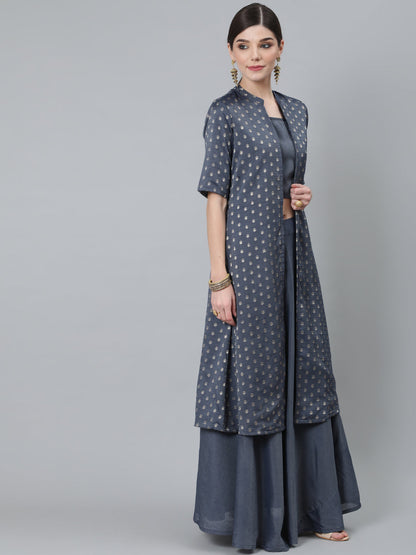 Women's Grey Woven Designed Co Ord Set With Jacket