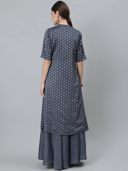 Women's Grey Woven Designed Co Ord Set With Jacket