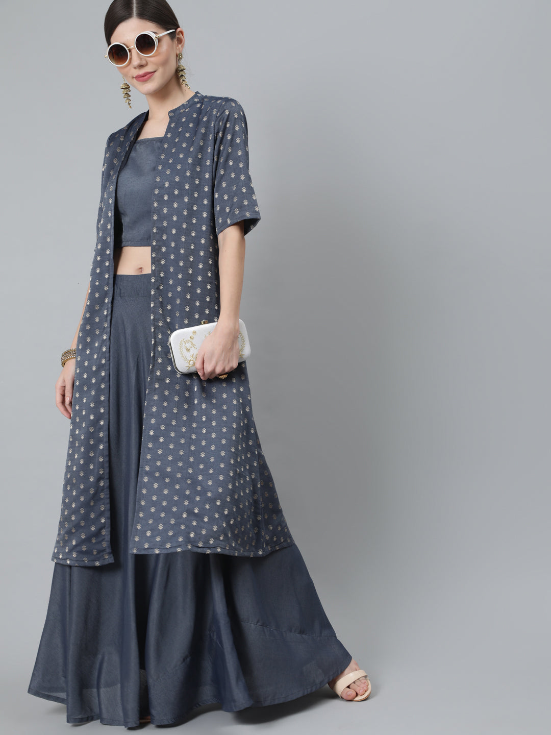 Women's Grey Woven Designed Co Ord Set With Jacket