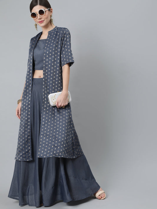 Women's Grey Woven Designed Co Ord Set With Jacket