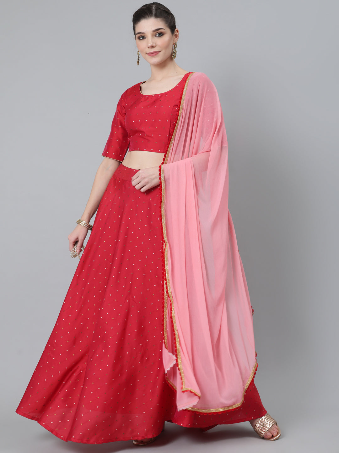Women's Red Dobby Woven Designed Lehenga Choli With Dupatta