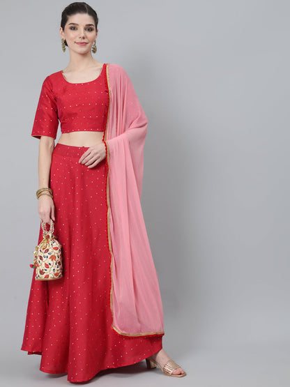 Women's Red Dobby Woven Designed Lehenga Choli With Dupatta