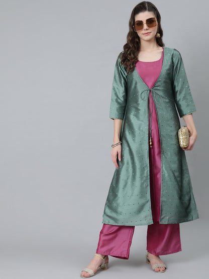 Women's Green Dobby Woven Designed Top Palazzo With Jacket