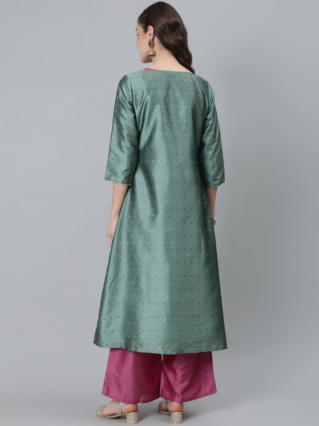 Women's Green Dobby Woven Designed Top Palazzo With Jacket