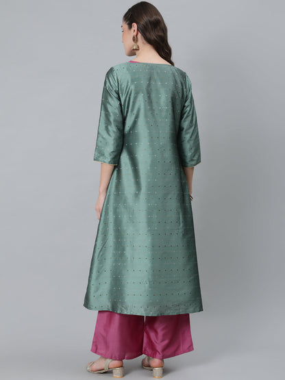Women's Green Dobby Woven Designed Top Palazzo With Jacket