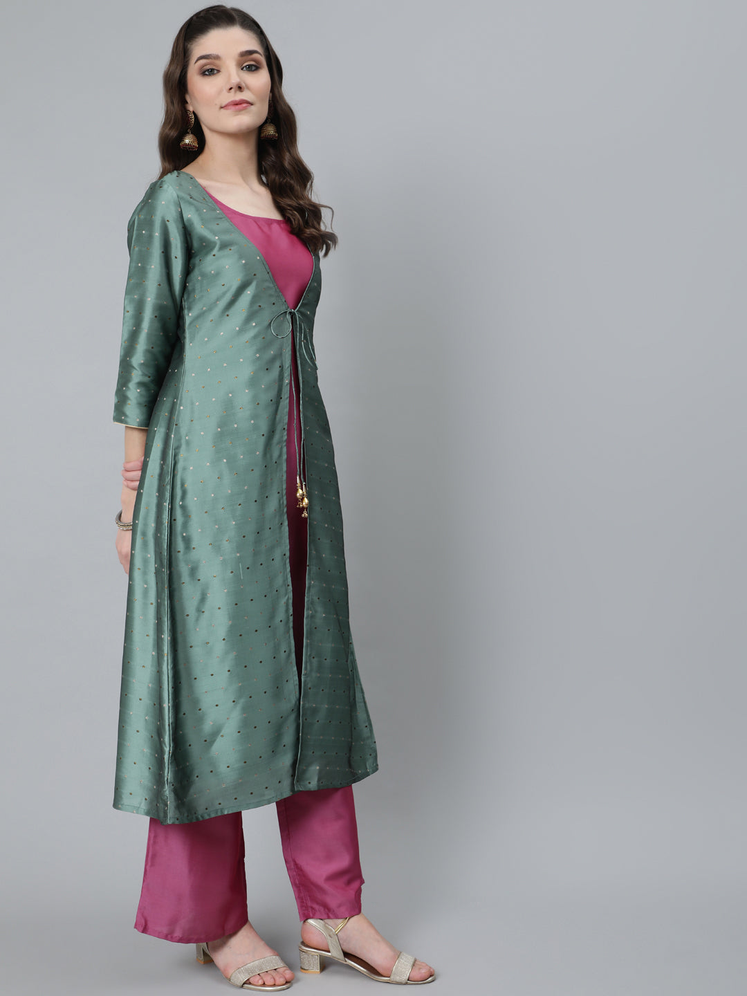 Women's Green Dobby Woven Designed Top Palazzo With Jacket