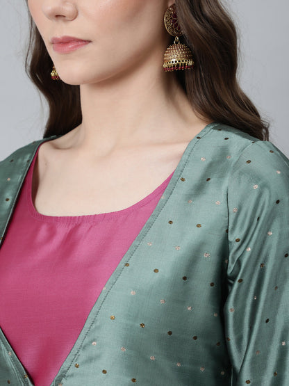 Women's Green Dobby Woven Designed Top Palazzo With Jacket