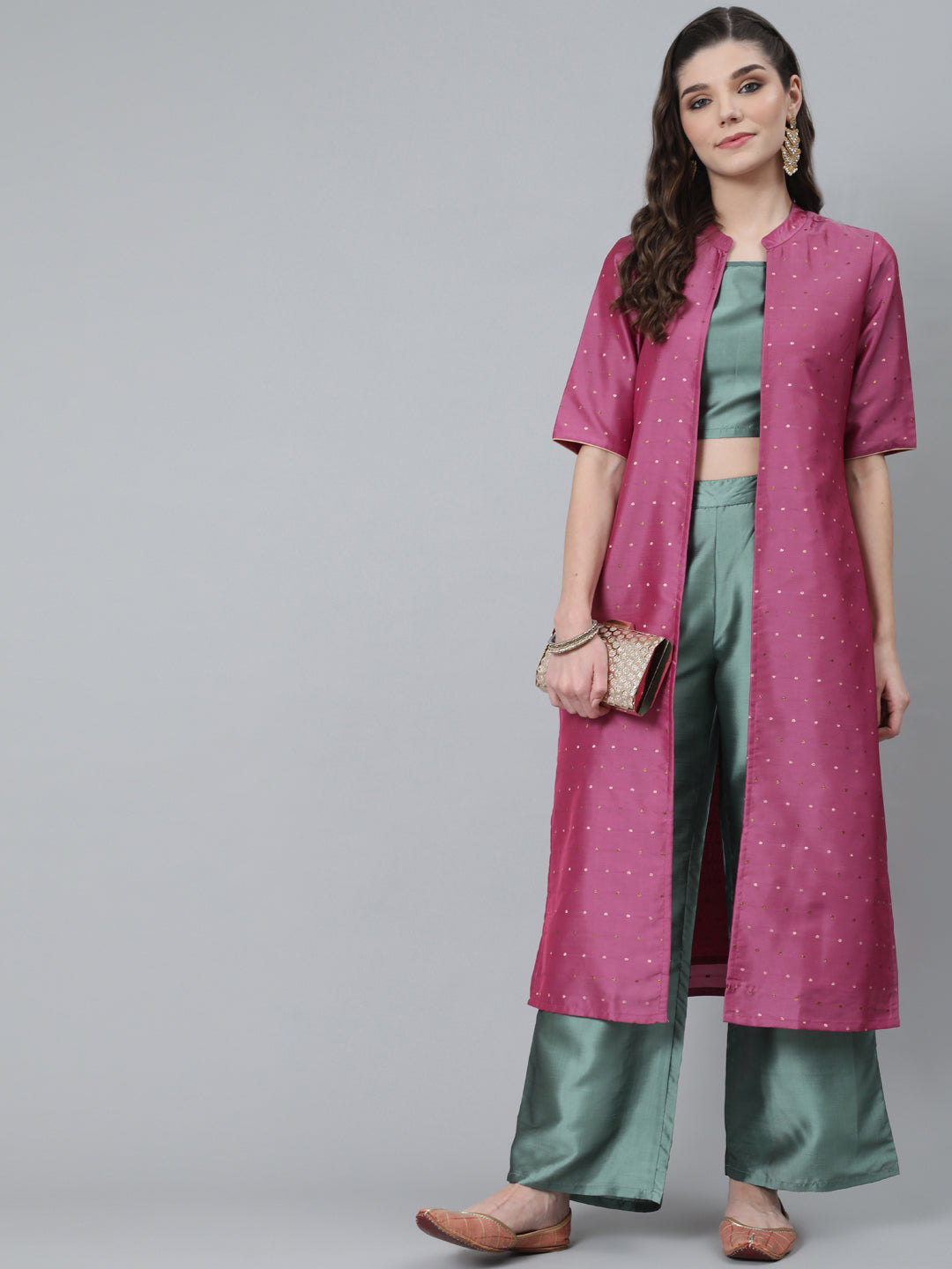 Women's Pink Dobby Tafetta Co Ord Set With Jacket