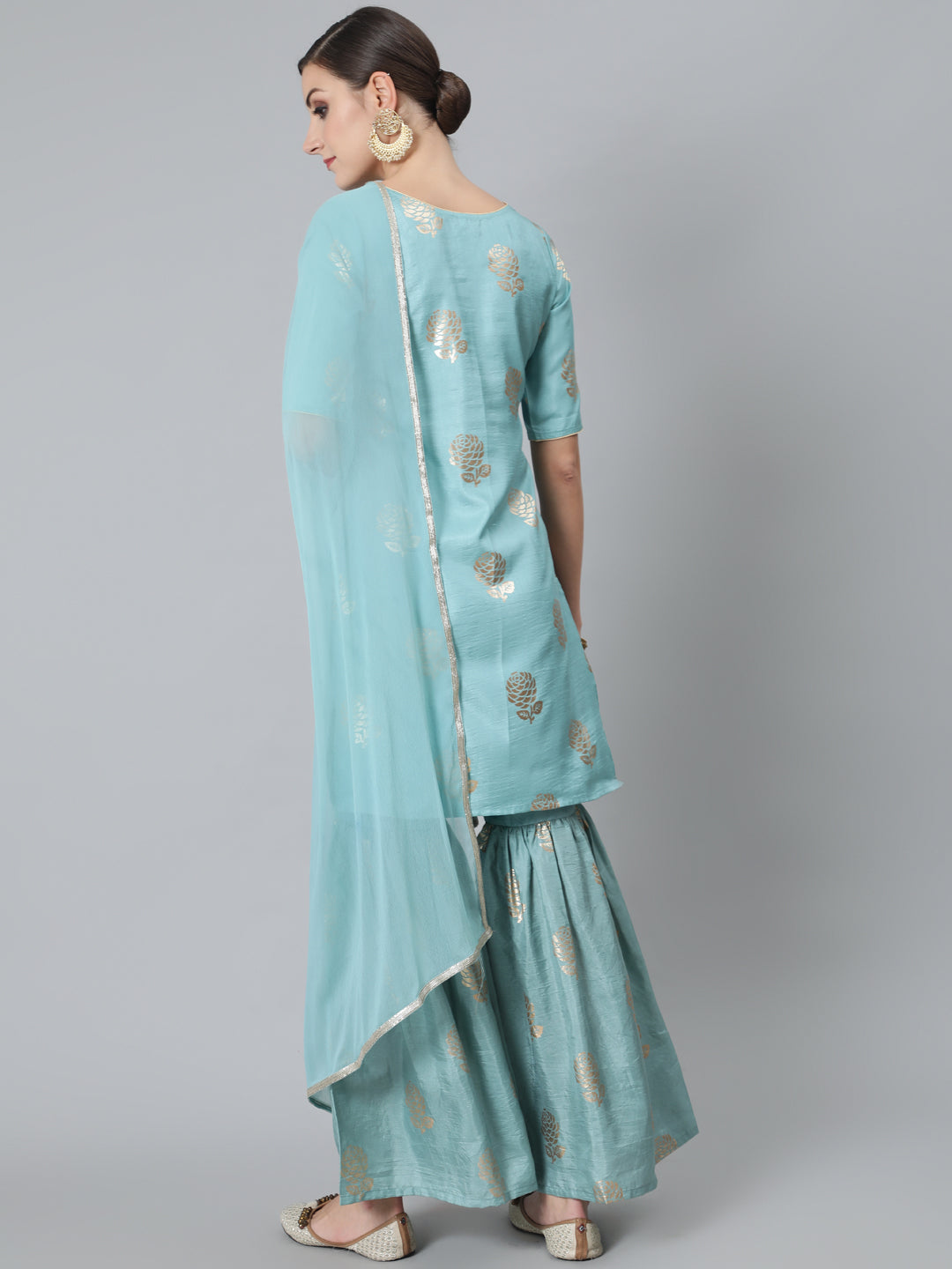 Women's Blue Foil Print Kurta Sharara With Dupatta