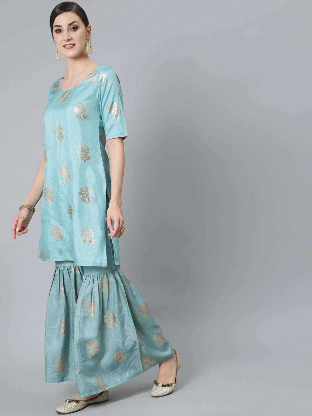 Women's Blue Foil Print Kurta Sharara With Dupatta