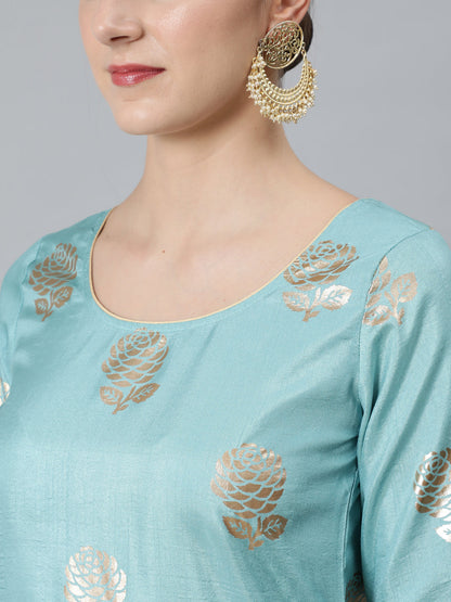 Women's Blue Foil Print Kurta Sharara With Dupatta