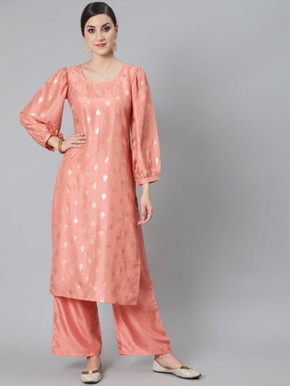 Women's Peach Foil Print Kurta With Palazzo