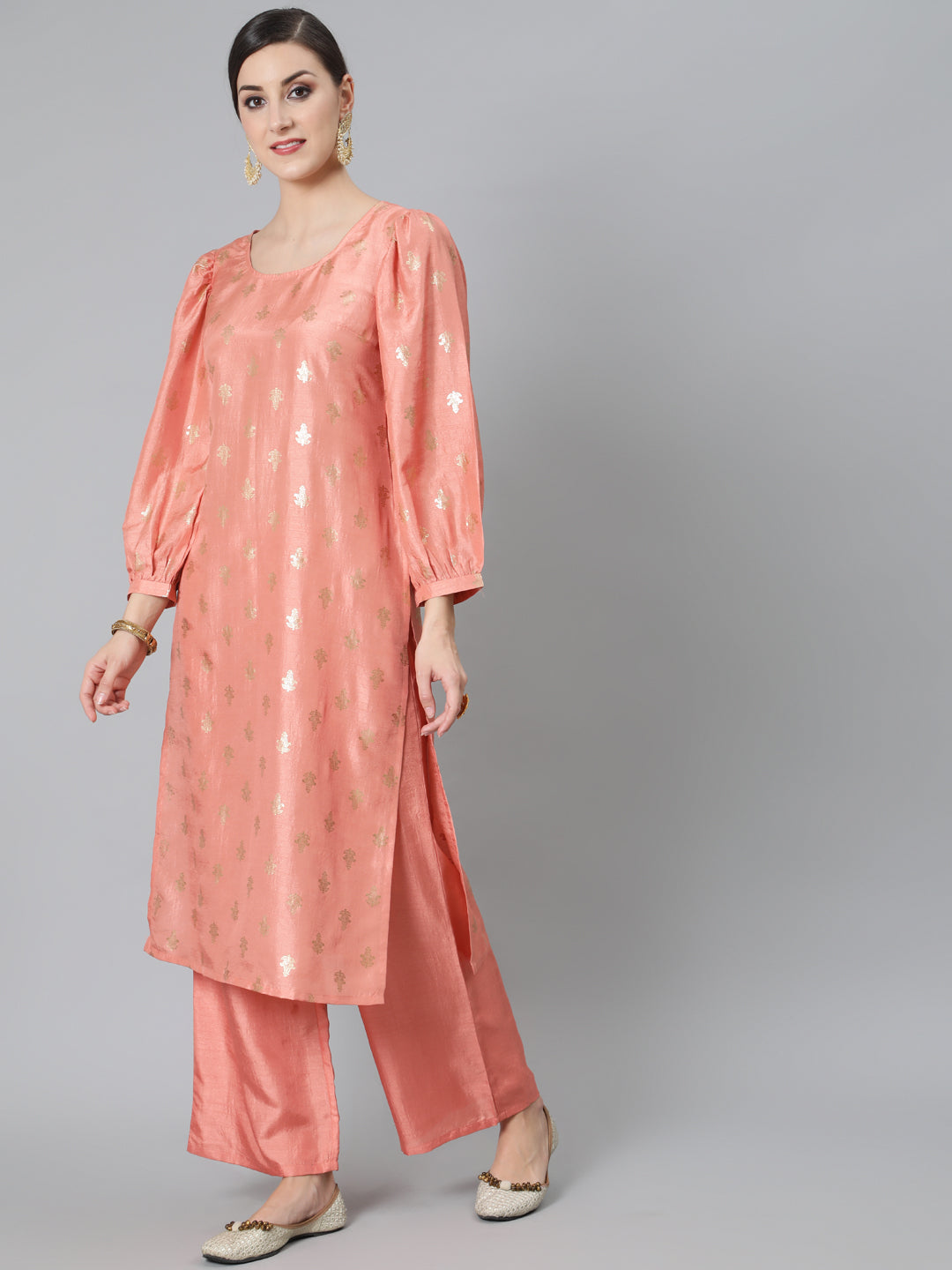 Women's Peach Foil Print Kurta With Palazzo