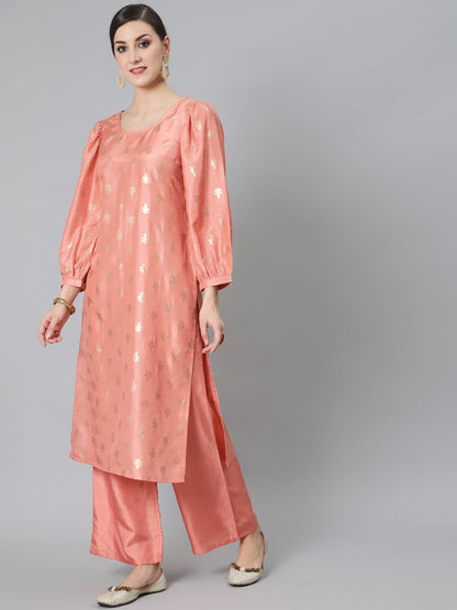 Women's Peach Foil Print Kurta With Palazzo