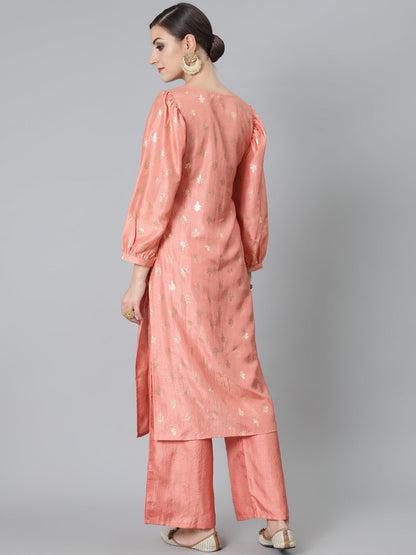 Women's Peach Foil Print Kurta With Palazzo