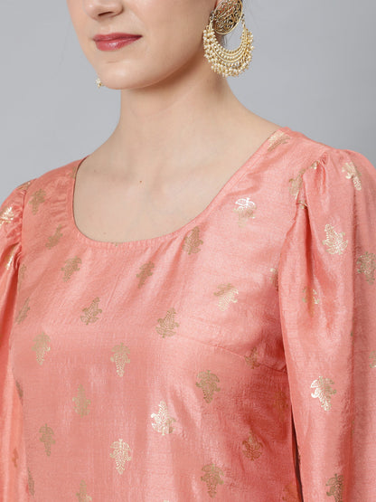 Women's Peach Foil Print Kurta With Palazzo