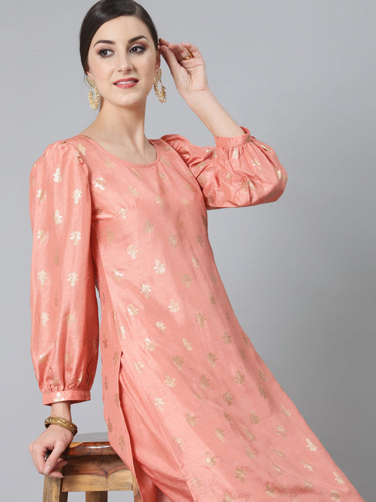 Women's Peach Foil Print Kurta With Palazzo